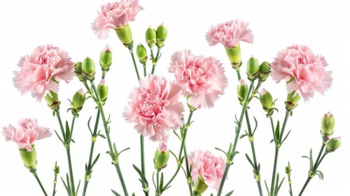 A lush bouquet of pink carnations, featuring several blooms and buds, against a white background,