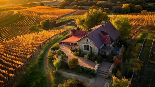 Aerial view of a rustic vineyard cottage nestled in a canopy of vines leaves showcasing autumns