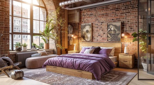 Modern bedroom in a condo or loft with modern trendy furniture. Large and bright space, AI