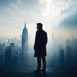 Silhouette of a businessman against a backdrop double exposure that reveals a destroyed cityscape,