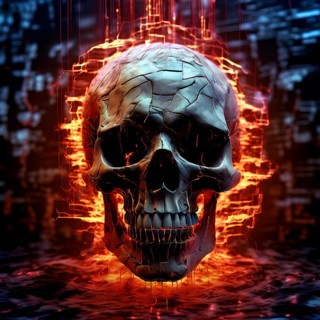 Broken skull with a cascade of binary digits forming a tidal wave stream, AI generated