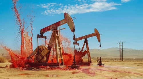 Oil rig pumping blood from the earth. Concept of earth resource exploitation and corporate greed,