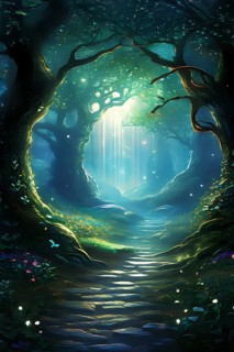 AI generated enchanted forest illustration intertwining trees aglow with magical light