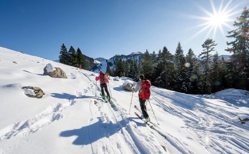 Ski tourers ascending the Aiplspitz, Sonnenstern, Mangfall mountains, Bavarian Prealps, Bavaria,