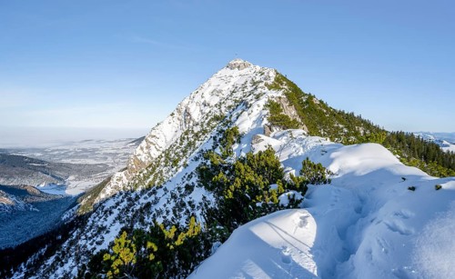 Mountain ridge of the Aiplspitz with summit cross, snow-covered mountain landscape with mountain