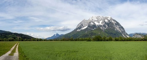 Field path near a meadow, behind the Grimming, panoramic view, near Irdning, Styria, Austria,