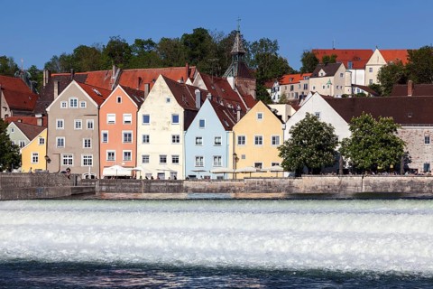 Historic old town centre of Landsberg am Lech, in front of the Lech weir, Upper Bavaria, Bavaria,