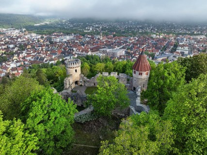 Aerial view of the Honburg castle ruins on the Honberg with the town of Tuttlingen, district of