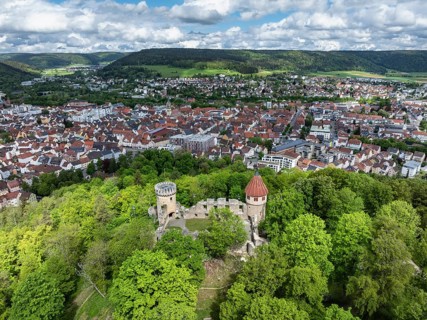 Aerial view of the Honburg castle ruins on the Honberg with the town of Tuttlingen, district of