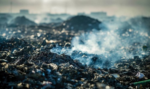 Smoke rising from a burning landfill, air pollution AI generated