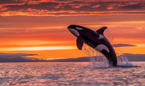 A breaching orca whale captured in mid-air against a vibrant sunset sky AI generated