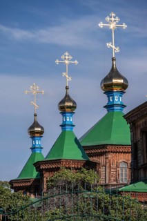 Russian Orthodox Church Cathedral of the Holy Trinity, wooden church with green spires, Karakol,