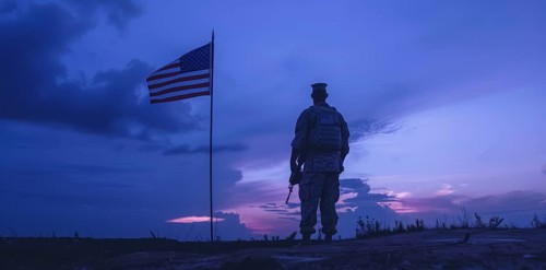 American patriot soldier stand in front of the flag. Concept of fighting for freedom and democracy,