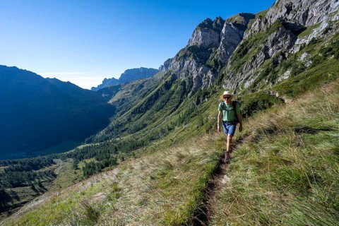 Mountaineer on hiking trail, mountain landscape with green mountain meadows and rocky peaks, Carnic