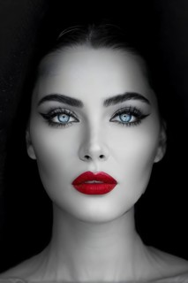 Monochromatic close up fashion portrait with blue eyes and red lips, AI generated