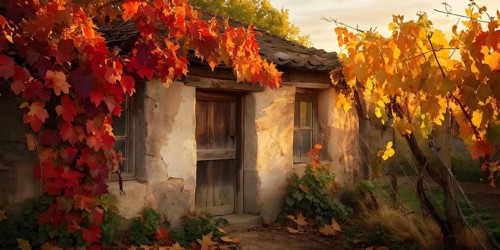 Close up of a rustic vineyard cottage nestled in a canopy of vines leaves showcasing autumns color