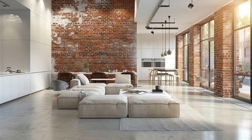 Modern living room in a condo or loft with modern trendy furniture, AI generated