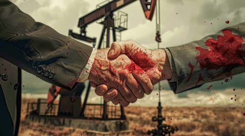 Two men shaking hands with red blood on their hands. Concept of corporate greed and oil industry,