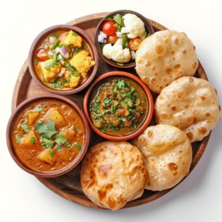 Colorful spread of Indian dishes with puri and mixed vegetable curry, AI generated