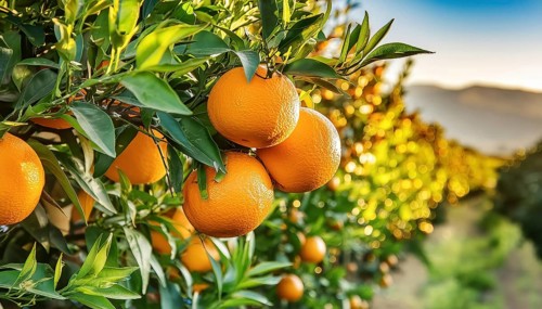 Calm sunset over a row of orange trees, ripe fruit in the foreground, AI generated, AI generated
