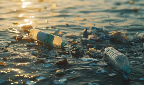 Plastic bags floating in the ocean water, environment and ecology AI generated