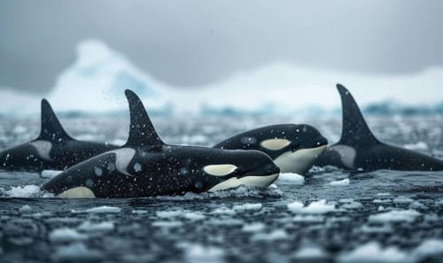 A pod of orca whales swimming gracefully in icy waters AI generated