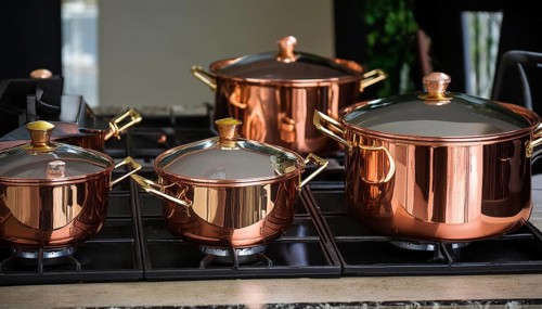 Metal, copper, copper crockery in the kitchen, copper pots, cooking pot