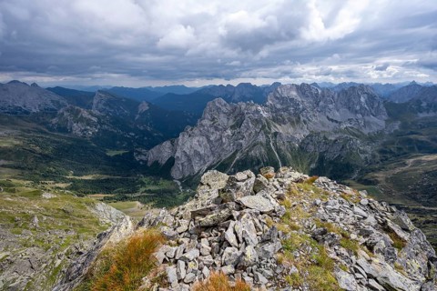 View from the summit of the Raudenspitze or Monte Fleons, mountain panorama with rocky mountain