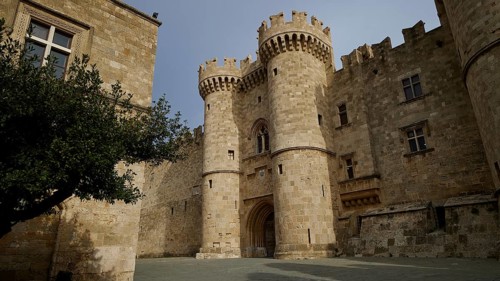 Medieval castle with striking towers under a clear sky, forecourt, Grand Master's Palace, Knights'