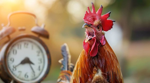 A rooster is standing in front of a clock with its beak open. Concept of a loud alarm clock, AI
