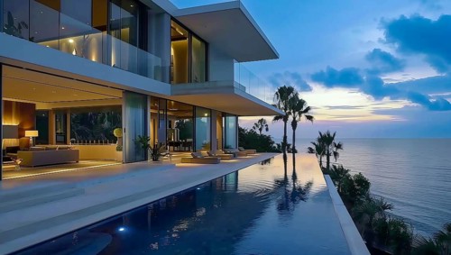 Exterior of private house luxury villa. Modern architecture real estate with swimming pool, AI