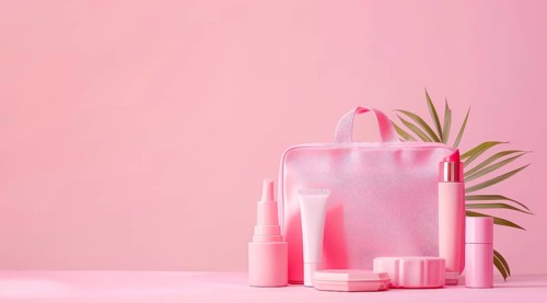 A pink purse with makeup and other cosmetic beauty items on a table, AI generated