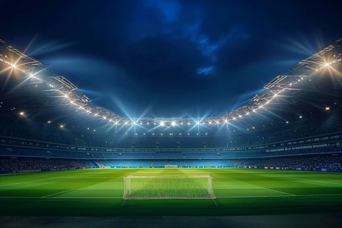 A soccer field with a large crowd of people spectators fans watching the game in evening. The
