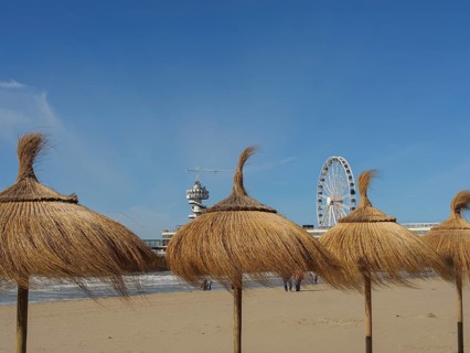 Beach with thatched roofs, Ferris wheel and buildings in the background in sunny weather and blue