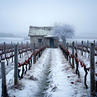 Rustic vineyard cottage in a winter vineyard landscape with snow, AI generated