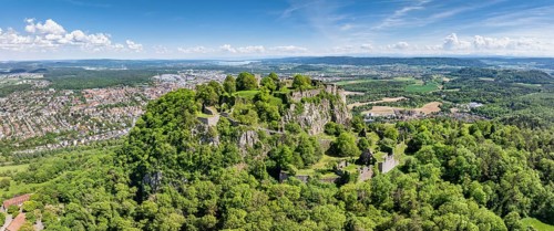 Aerial view, panorama of the volcanic cone Hohentwiel with Germany's largest fortress ruin, behind