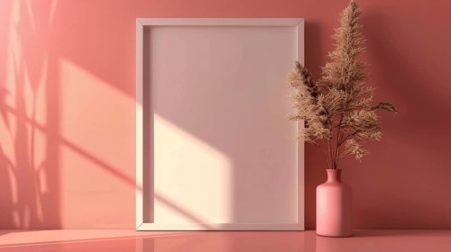 Empty frame with a dry plant in a vase against a pink wall, illuminated by sunlight, AI generated