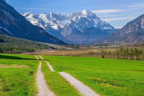 Meadow path in spring with moorland Seven Springs in front of Zugspitzgruppe 2962m in the