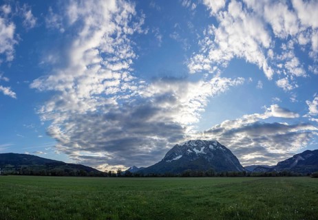 Cloudy mood over the Grimming, panoramic shot, near Irdning, Ennstal, Styria, Austria, Europe