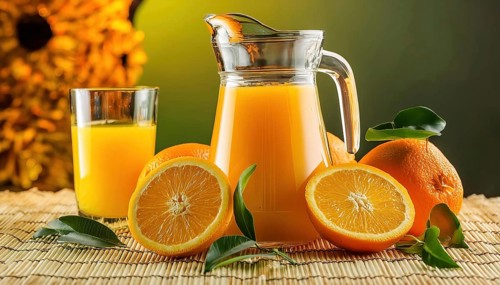 A jug and a glass of orange juice surrounded by fresh oranges and green leaves, AI generated, AI