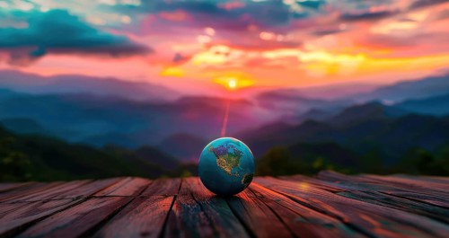 An Earth globe placed on a wooden deck overlooking a mountain range against a colorful sunrise sky