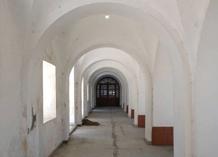 Arcades of the former school in the ghost town of Eleousa, Lost Place, Rhodes, Dodecanese, Greek