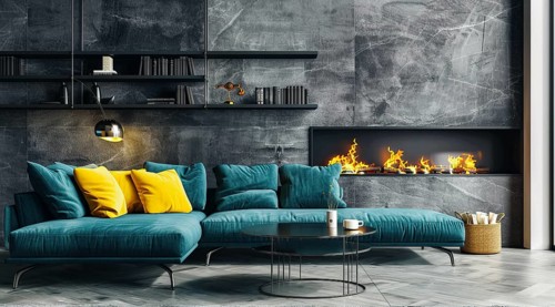 Modern living room in a condo or loft with modern trendy furniture, AI generated