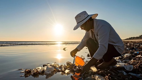 Man cleaning up a polluted beach covered with plastic trash, Illustrating the concept of