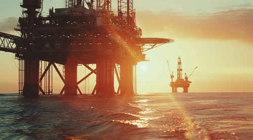 Offshore oil rig anchored platforms drilling for oil in ocean floor, AI generated