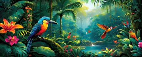 AI generated illustration of an enchanted fairy tale jungle inhabited by magical fantasy animals in