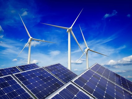 Green alternative energy and environment protection ecology concept, solar battery panels and wind