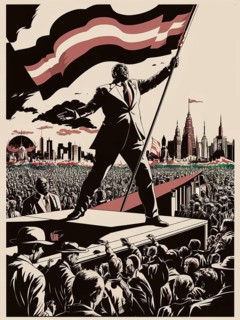 A leader raises a flag and addresses a crowd with a cityscape backdrop, emphasizing patriotism and