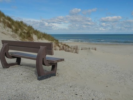 A bench by the sand dunes with grass, behind it the sea and above it a cloudy sky, dunes on an
