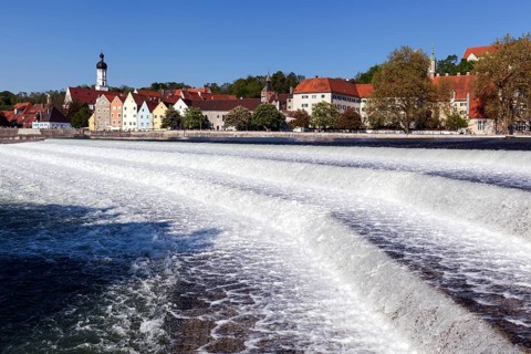 Historic old town centre of Landsberg am Lech, in front of the Lech weir, Upper Bavaria, Bavaria,